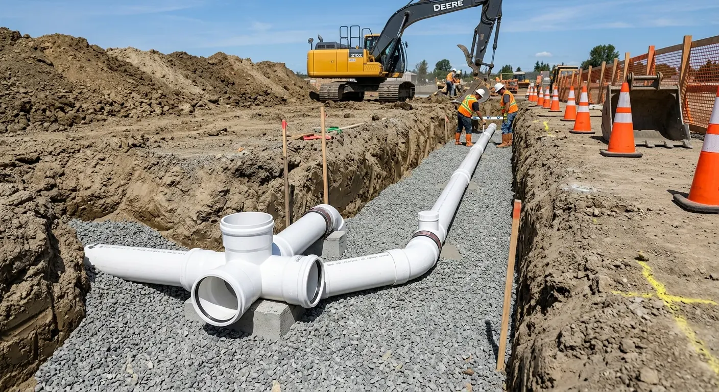 New PVC sewer pipe installation in open trench for Commercial Drain Cleaning in West Monroe