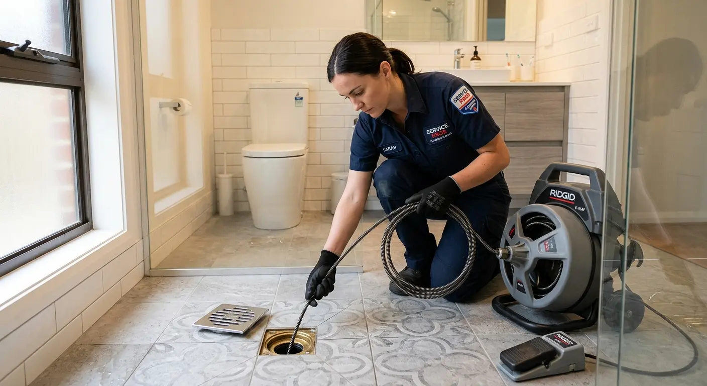 Technician clearing a bathroom floor drain for Drain Repair in West Monroe